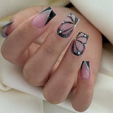 Black Glitter French Tip Rhinestone  Medium Square Press On Nails